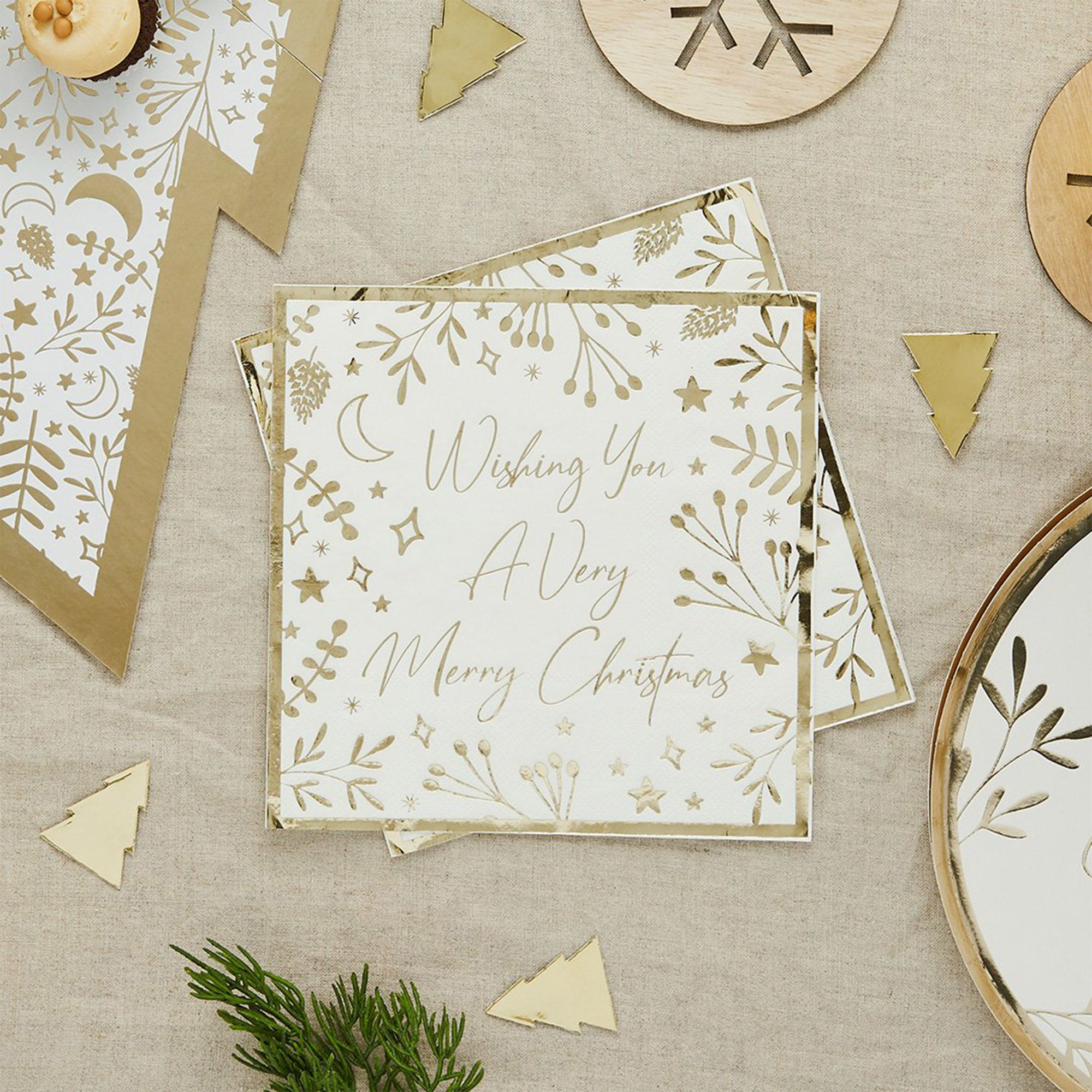 Napkin-HBFF121 - Gold 'Merry Christmas' Paper Napkins-Hootyballoo