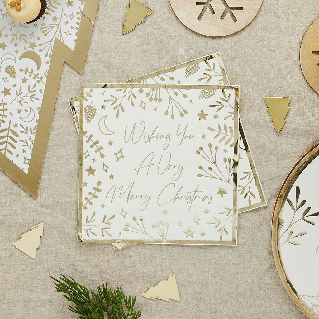 Napkin-HBFF121 - Gold 'Merry Christmas' Paper Napkins-Hootyballoo