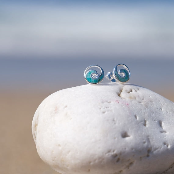 Earrings-P1129TQA - Ocean Wave Turquoise Silver Earrings-Sea Gems