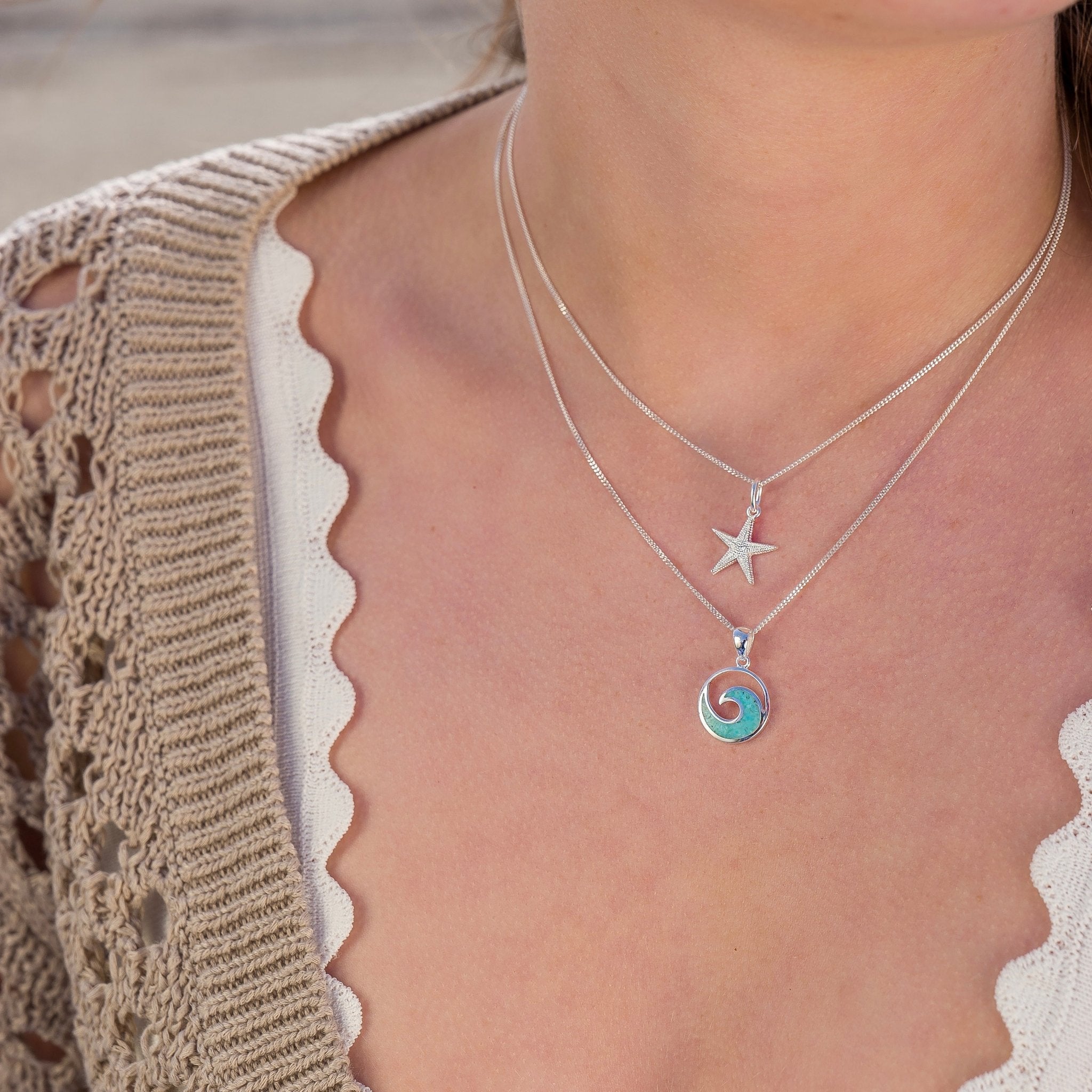 Necklace-P3440A - Starfish Silver Necklace-Sea Gems