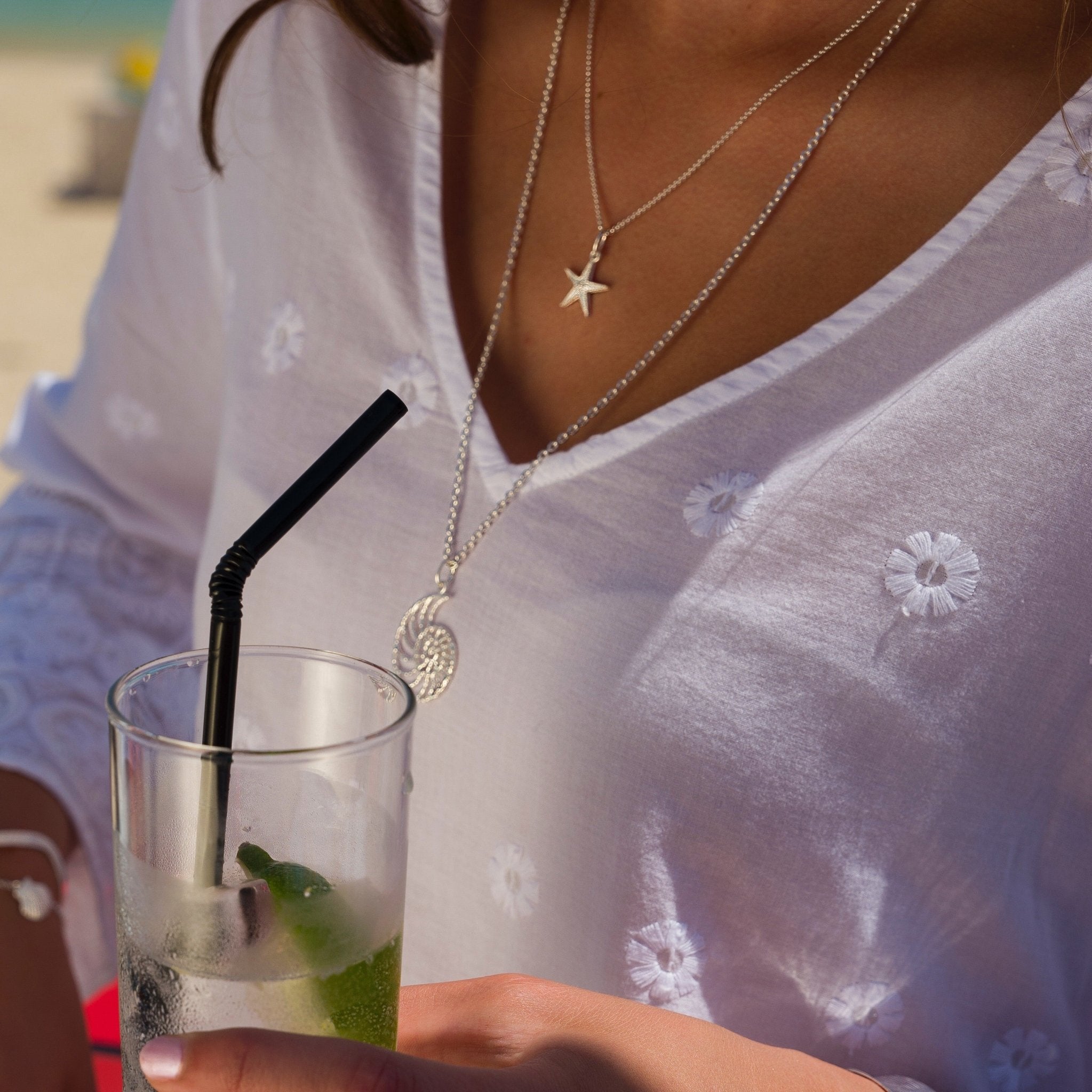 Necklace-P3440A - Starfish Silver Necklace-Sea Gems