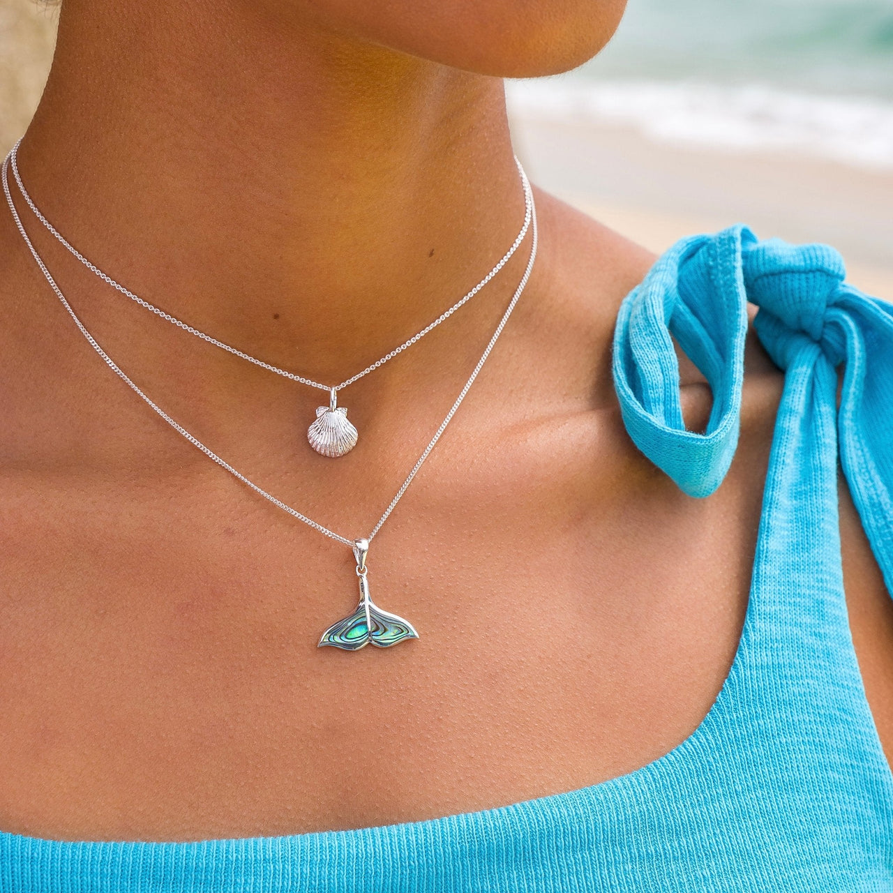 Necklace-P3446A - Scallop Shell Silver Necklace-Sea Gems