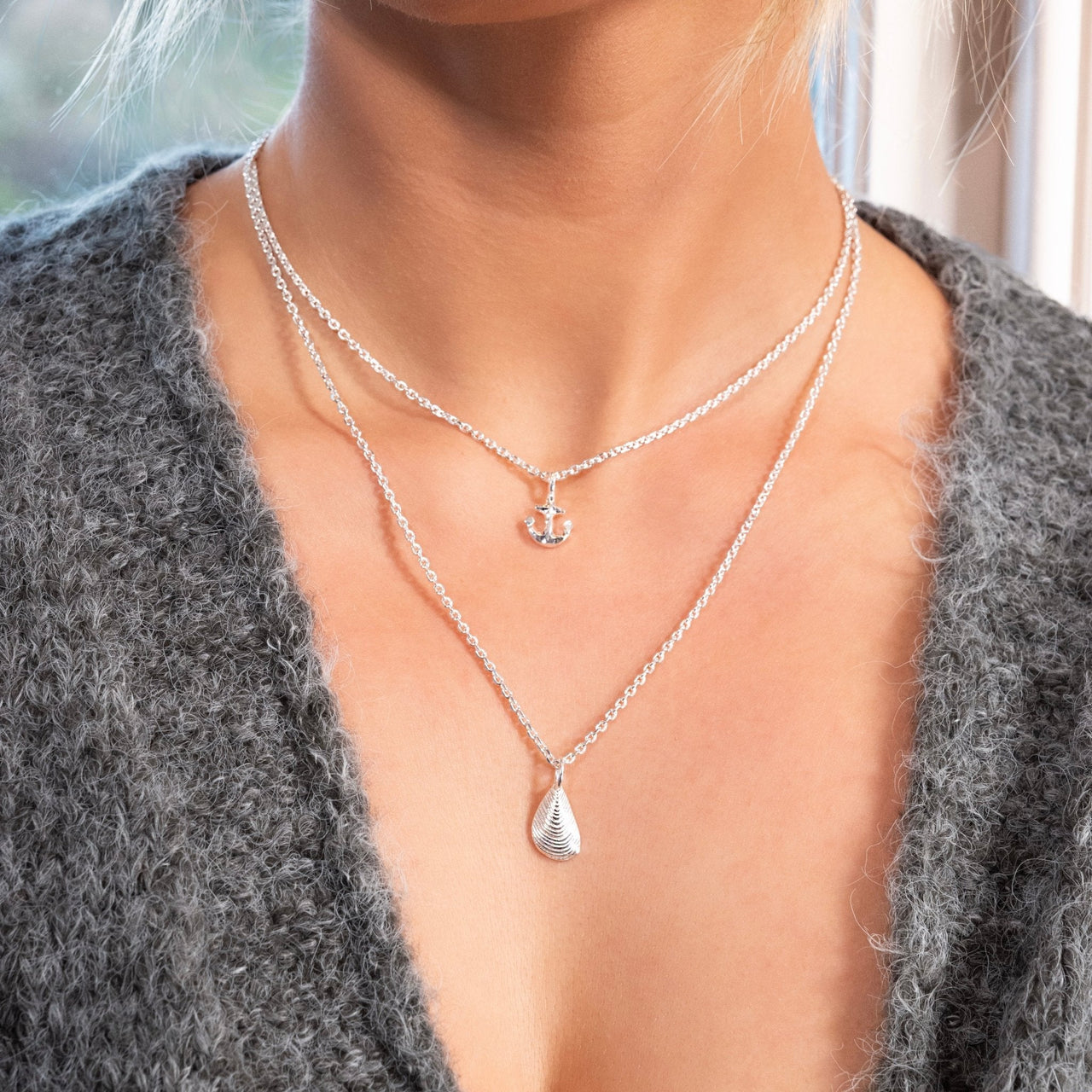 Necklace-P3492A - Mussel Shell Silver Necklace-Sea Gems