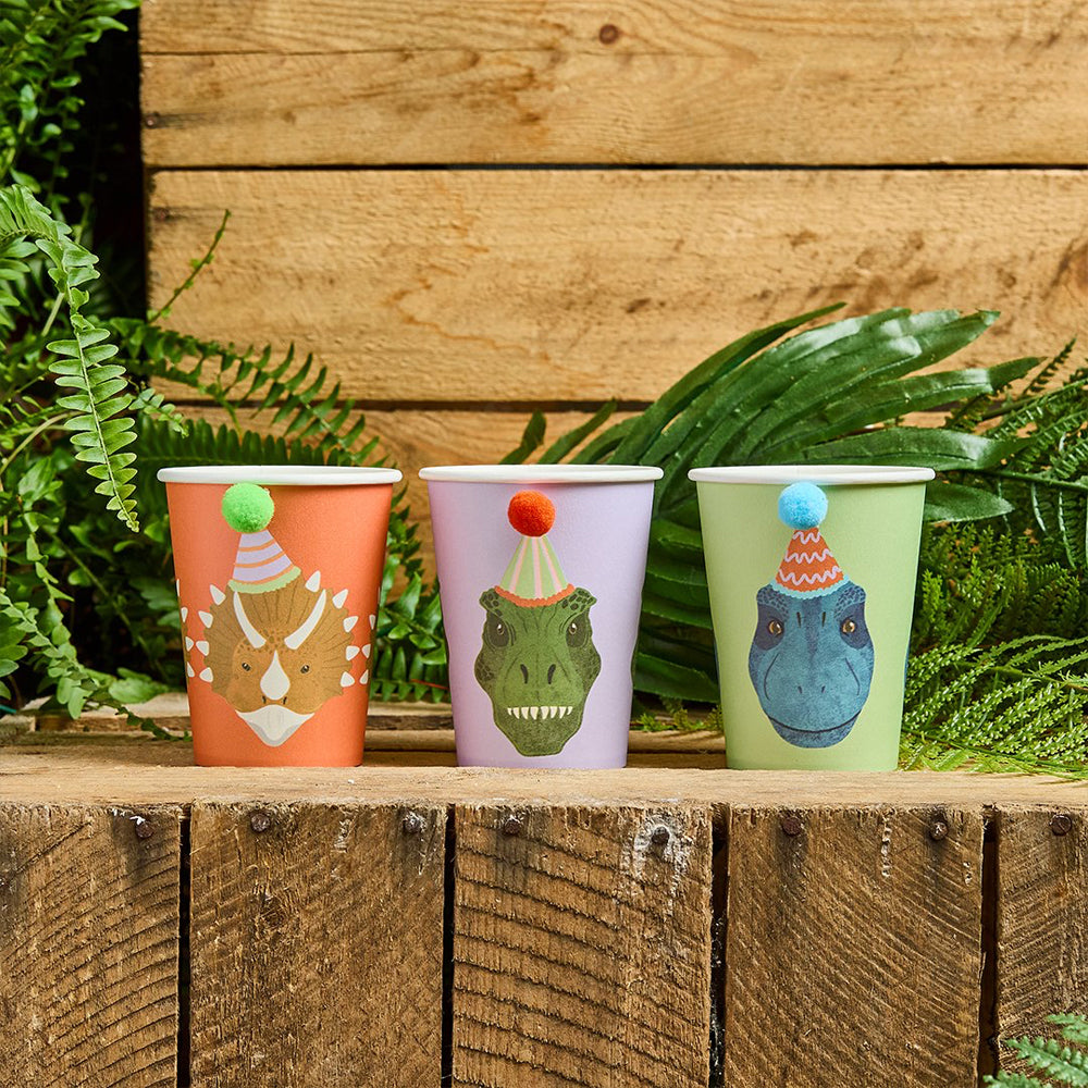 Paper Cups-HBPD104 - Party Dinosaur Pom Pom Paper Cups-Hootyballoo