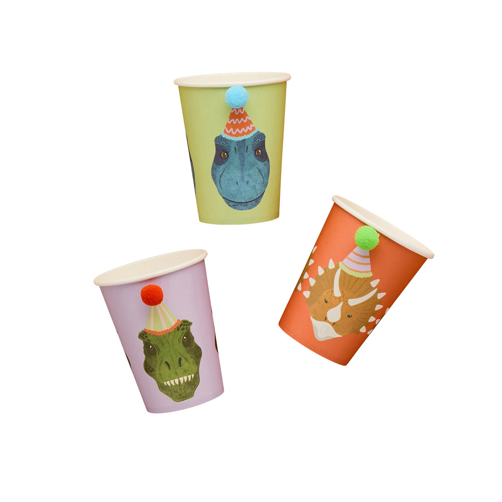 Paper Cups-HBPD104 - Party Dinosaur Pom Pom Paper Cups-Hootyballoo