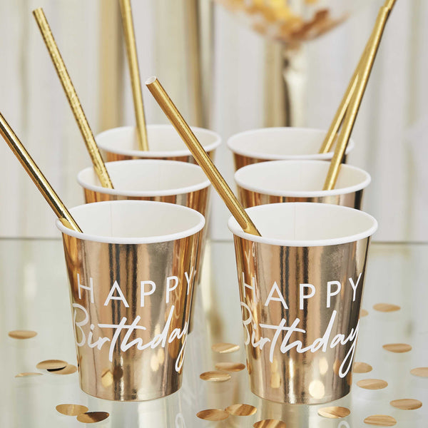 Paper Cups - MIX-245 - Gold Happy Birthday Party Cups - Gold Happy Birthday Party Cups - Whistlefish