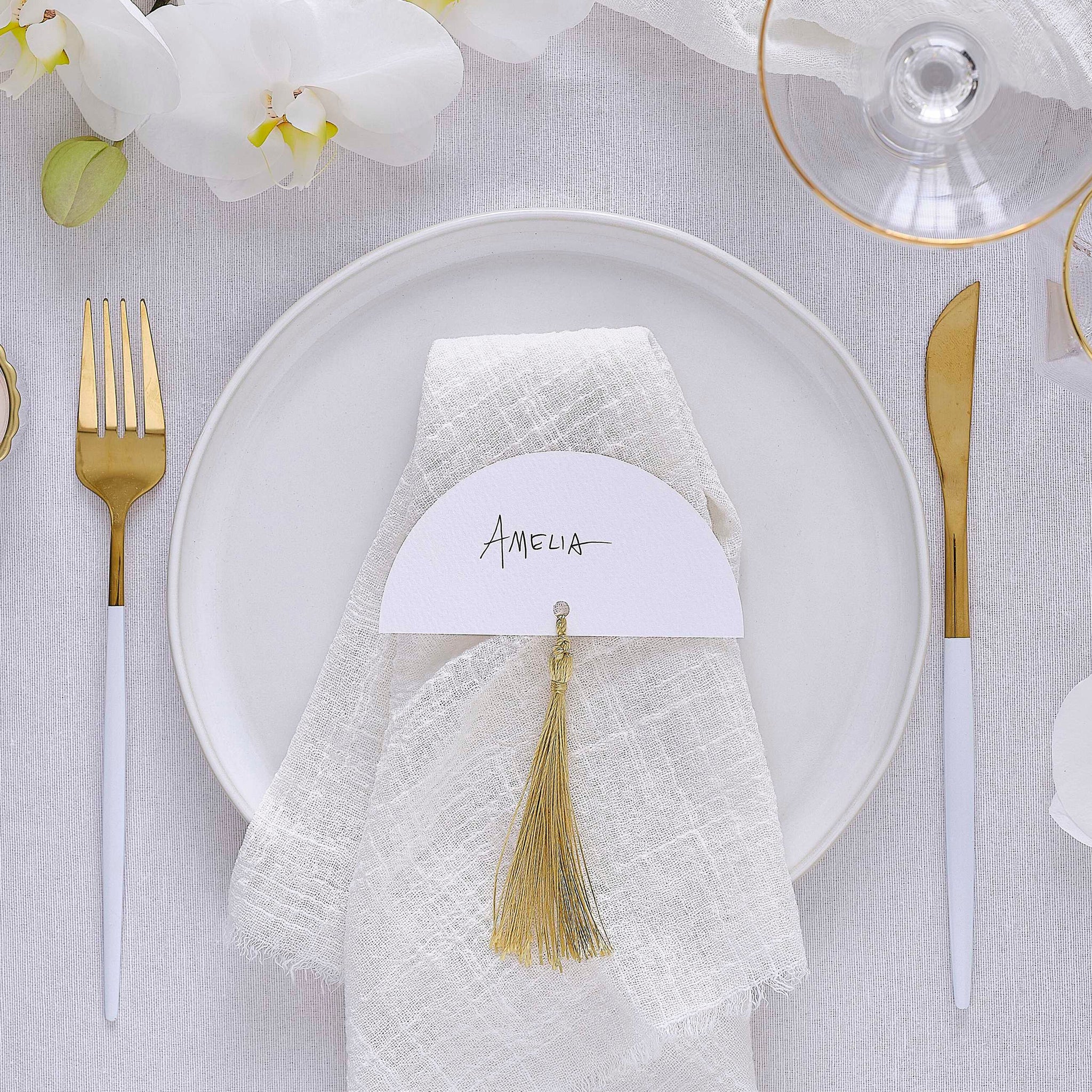 Place Cards - ML-105 - Wedding Place Cards with Gold Tassels - White Wedding Place Cards with Gold Tassels - Whistlefish