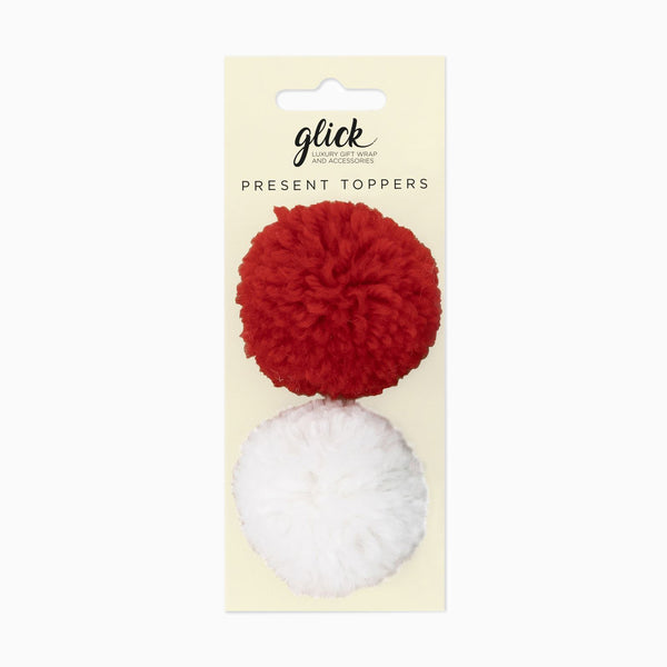 Pom Poms-PM01 - Pom Pom Present Toppers Red & White (2 Pack-Glick