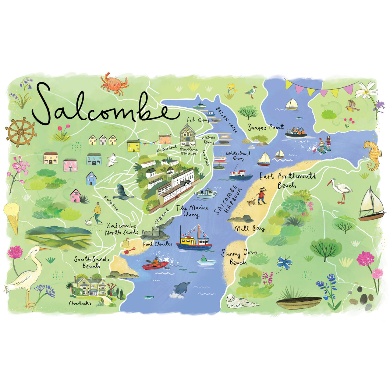 Print-RC34P - Salcombe Map Art Print-Whistlefish