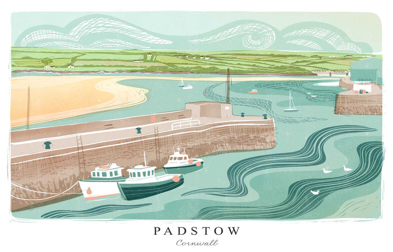 Print - WF1006P - Padstow Harbour Lino Small Art Print - Padstow Harbour Lino Small Art Print - Whistlefish