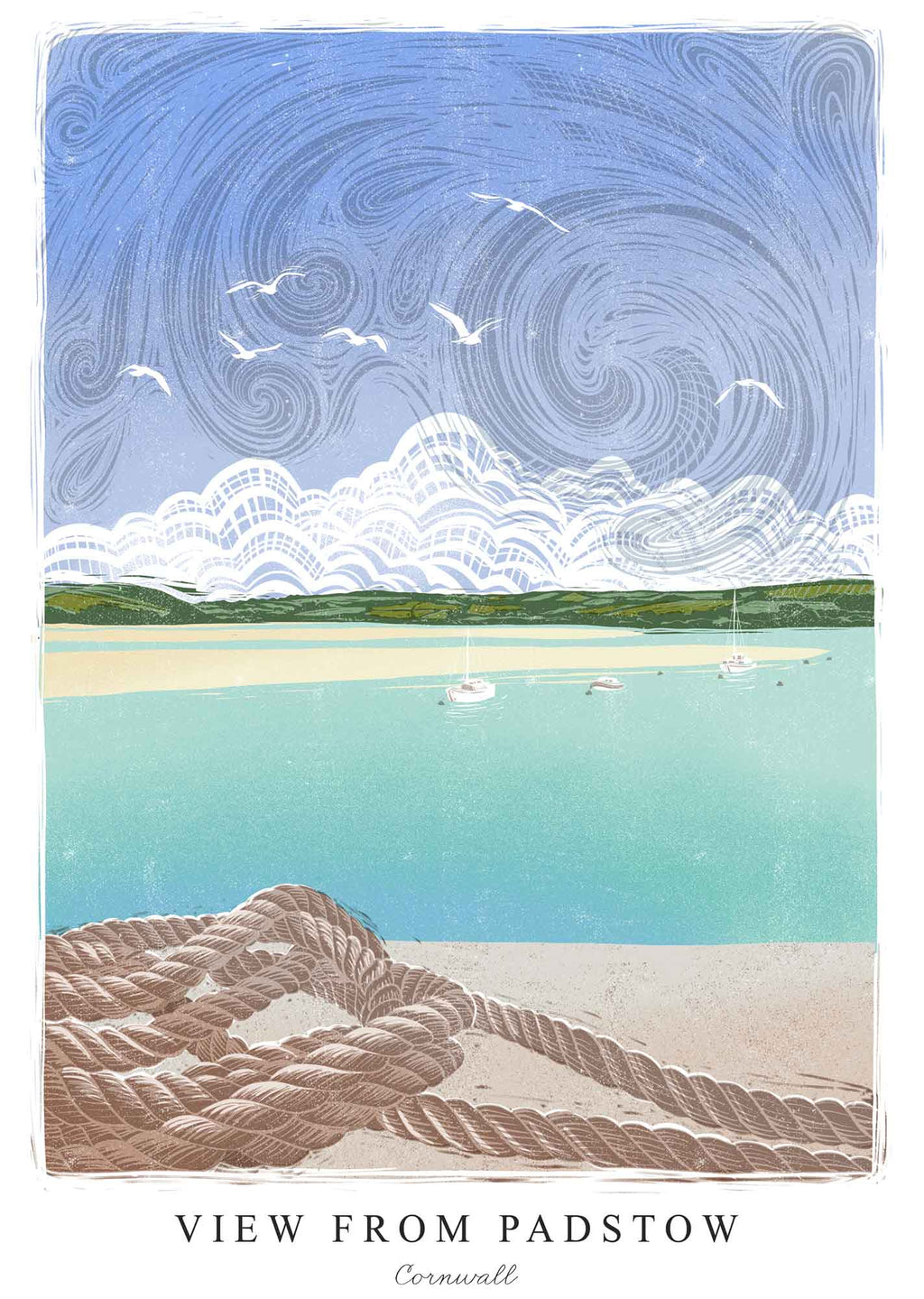 Print-WF1060P - Lino View From Padstow Art Print-Whistlefish