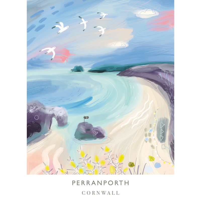 Print-WF605P - Perranporth Beach Art Print-Whistlefish