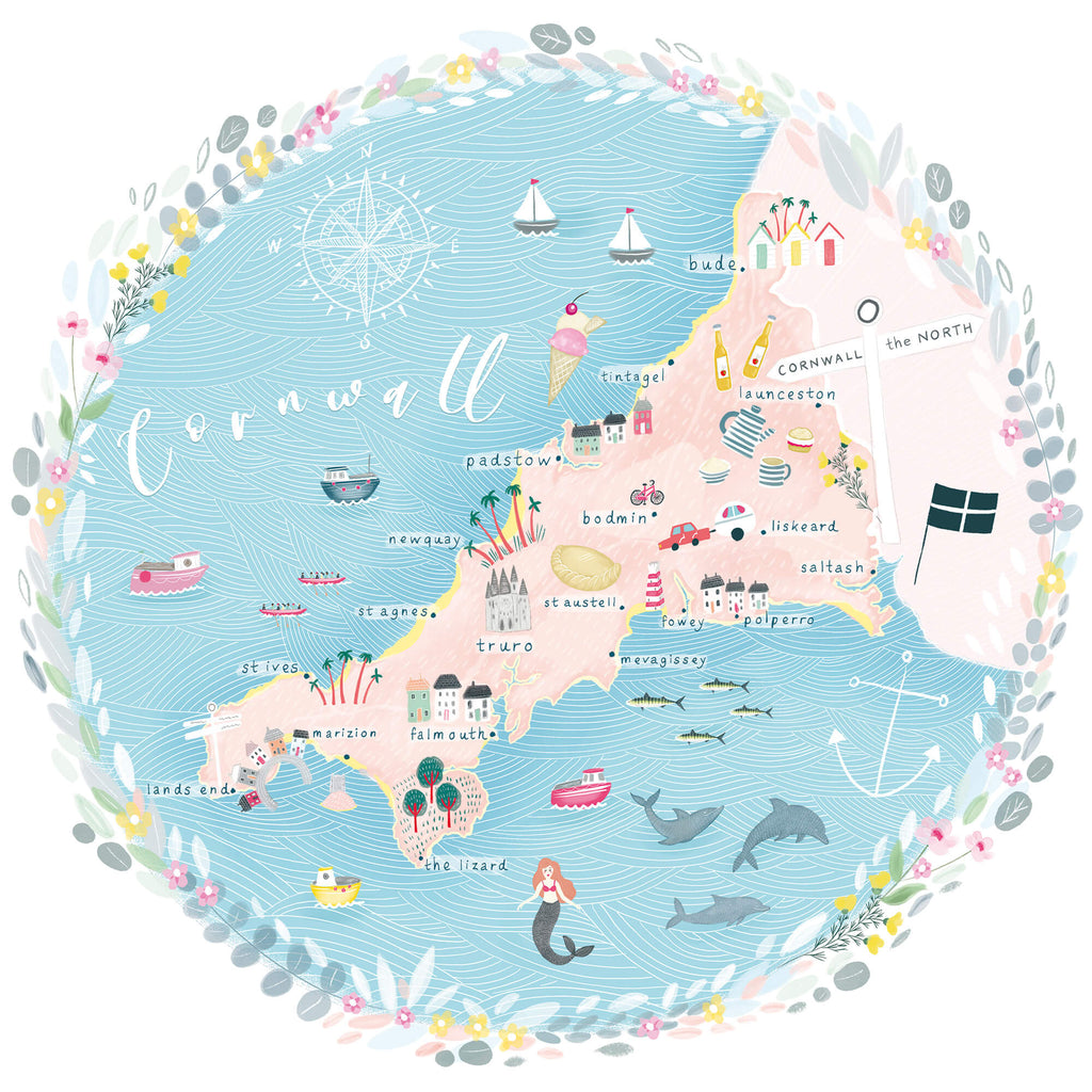 Print-WF689P - Cornwall Map Mini Square Art Print-Whistlefish