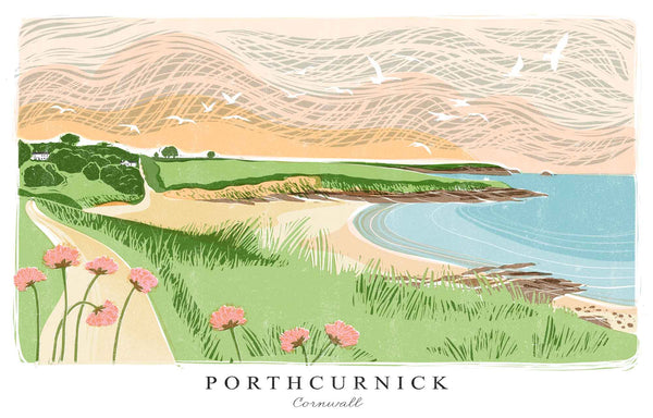 Print - WF964P - Porthcurnick Large Lino Art Print - Porthcurnick Large Lino Art Print - Art Print - Whistlefish