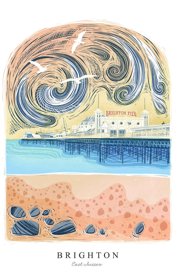Print - WF968P - Brighton Pier Arched Lino Art Print - Brighton Pier Arched Lino Art Print - Whistlefish