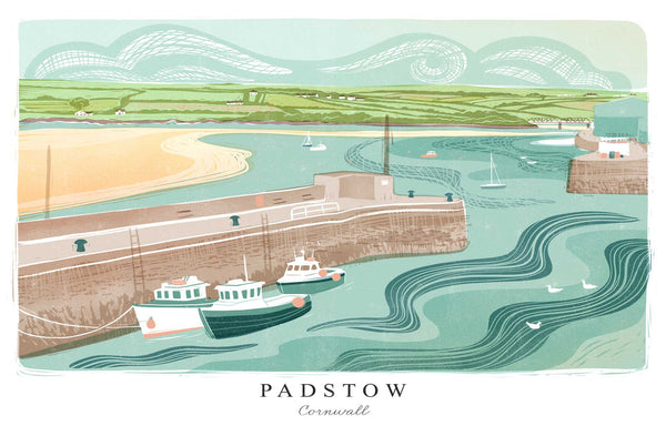 Art Print - WF972P - Padstow Docks Arched Lino Art Print - Padstow Docks Arched Lino Art Print - Whistlefish