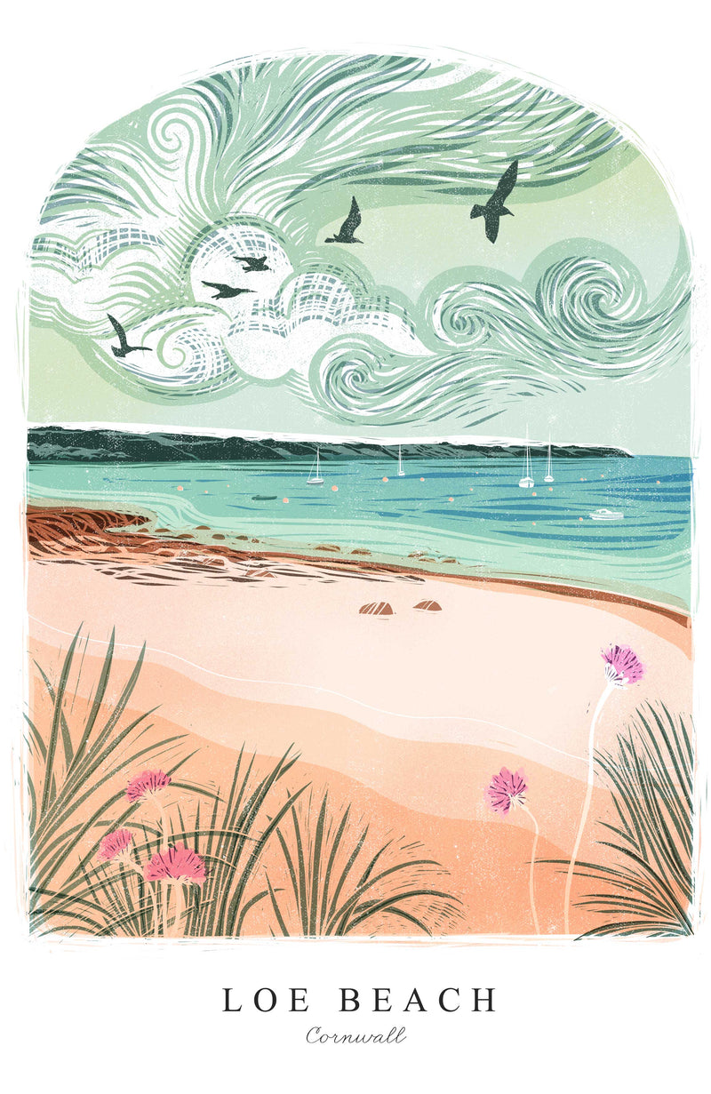 Print - WF974P - Loe Beach Arched Lino Art Print - Loe Beach Arched Lino Art Print - Art Print - Whistlefish