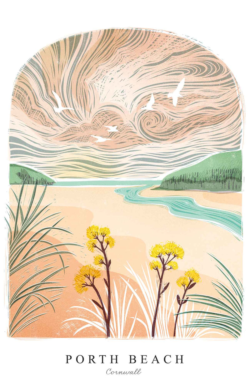 Print - WF975P - Porth Beach Arched Lino Art Print - Porth Beach Arched Lino Art Print - Whistlefish