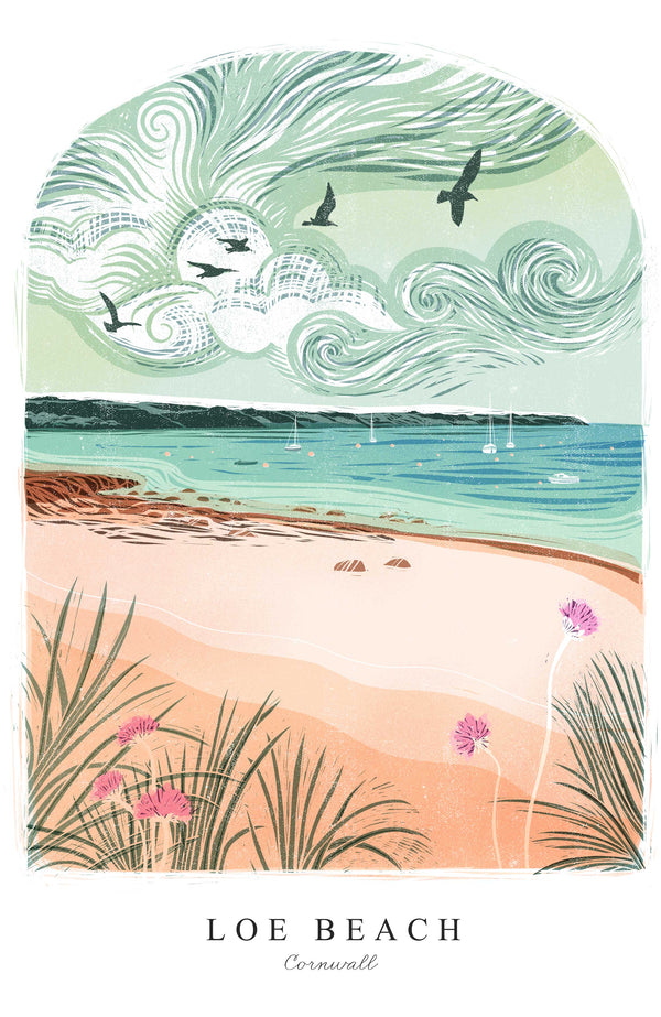 Print - WF994P - Loe Beach Arched Lino Small Art Print - Loe Beach Arched Lino Small Art Print - Whistlefish