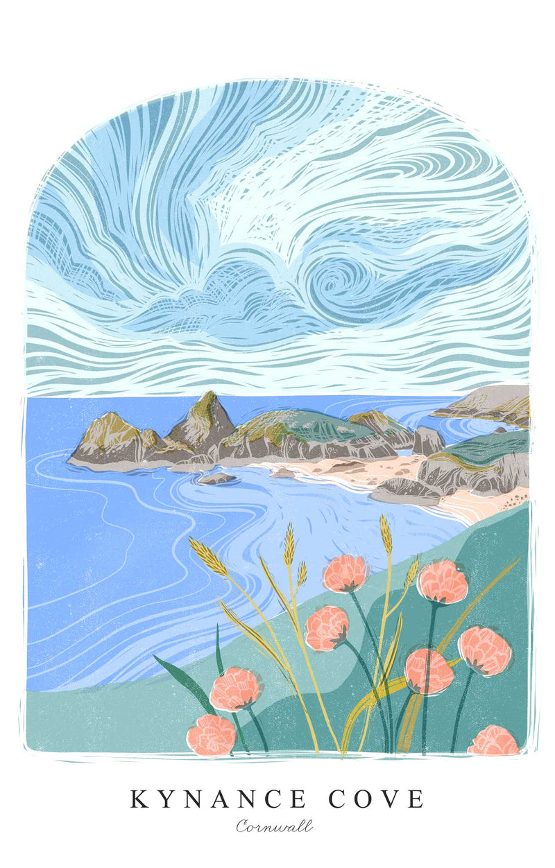 Print - WF995P - Kynance Cove Arched Lino Small Art Print - Kynance Cove Arched Lino Small Art Print - Whistlefish