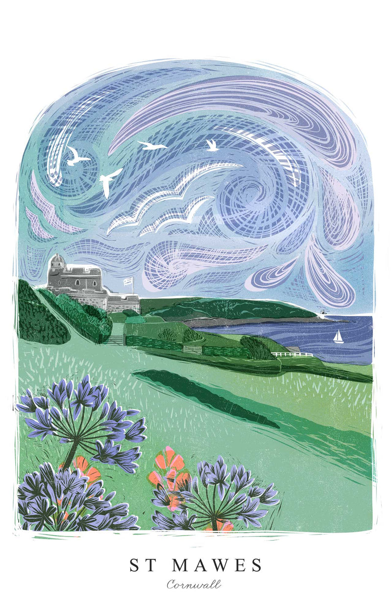 Print - WF996P - St Mawes Arched Lino Small Art Print - St Mawes Arched Lino Small Art Print - Whistlefish