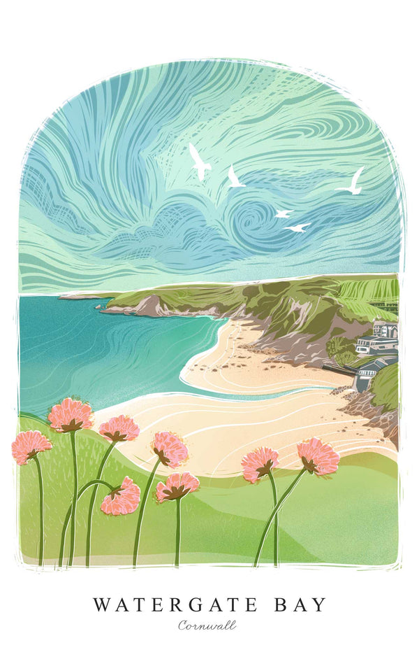 Print - WF998P - Watergate Bay Arched Lino Small Art Print - Watergate Bay Arched Lino Small Art Print - Whistlefish