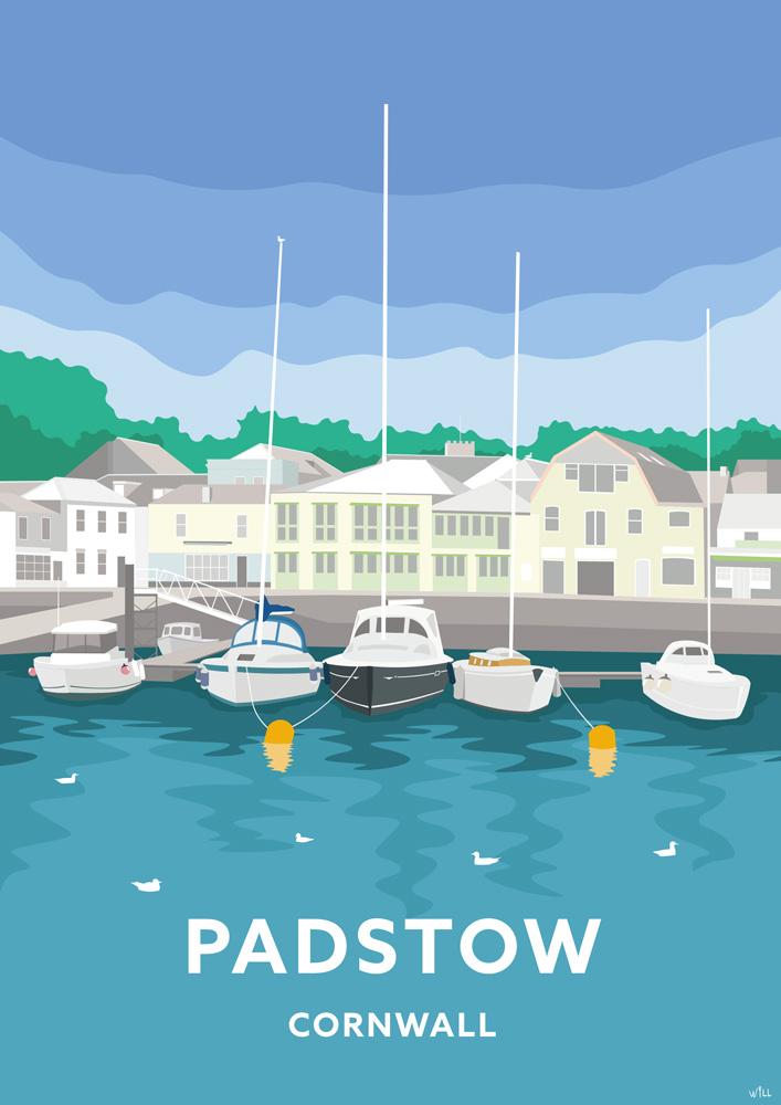 Print-WT68P - Blue Skies Padstow Travel Art Print-Whistlefish