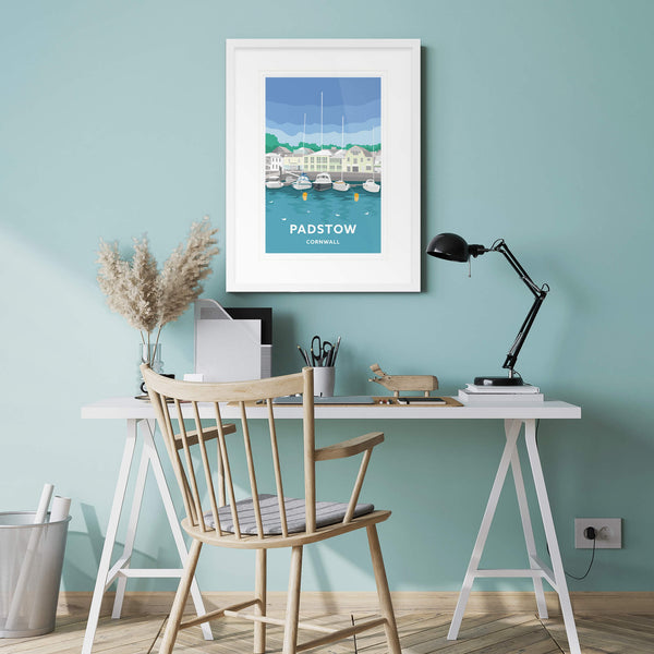 Print-WT71P - Blue Skies Padstow Travel Art Print-Whistlefish