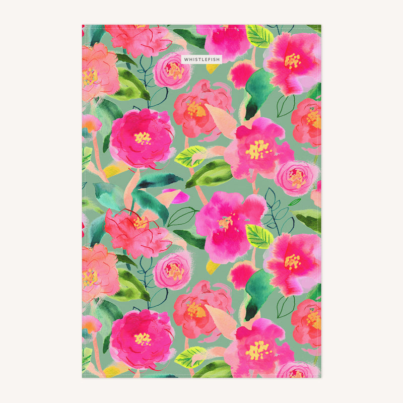 Tea Towel-AC01TT - Aqua Camellia Tea Towel-Whistlefish