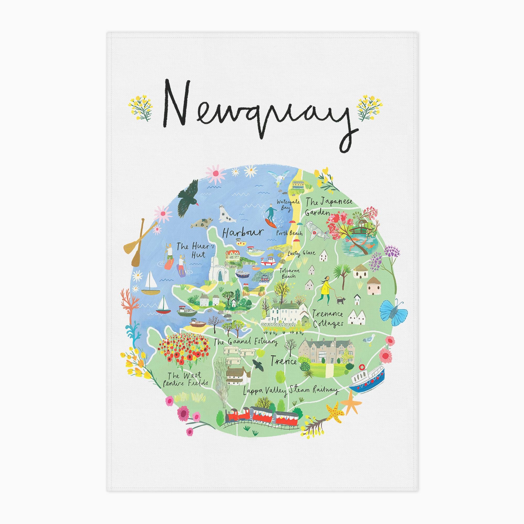 Tea Towel-CR06TT - Newquay Map Tea Towel-Clair Rossiter