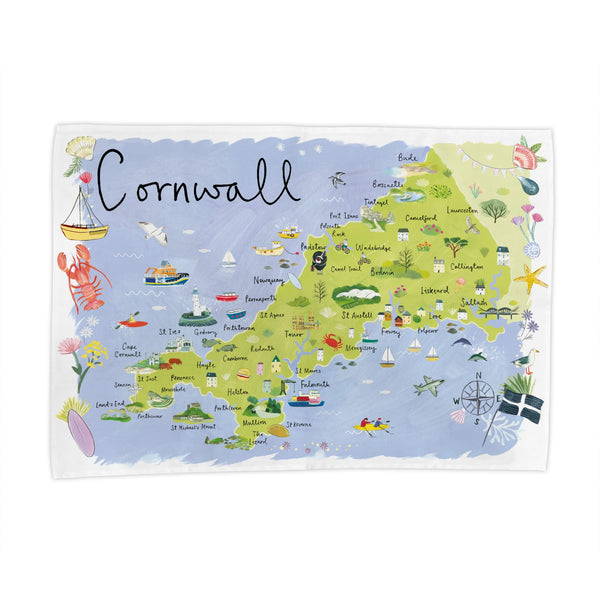 Tea Towel-CR19TT - Cornwall Map Tea Towel-Whistlefish