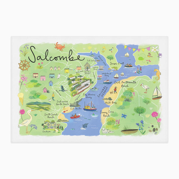 Tea Towel-CR21TT - Salcombe Map Tea Towel-Clair Rossiter