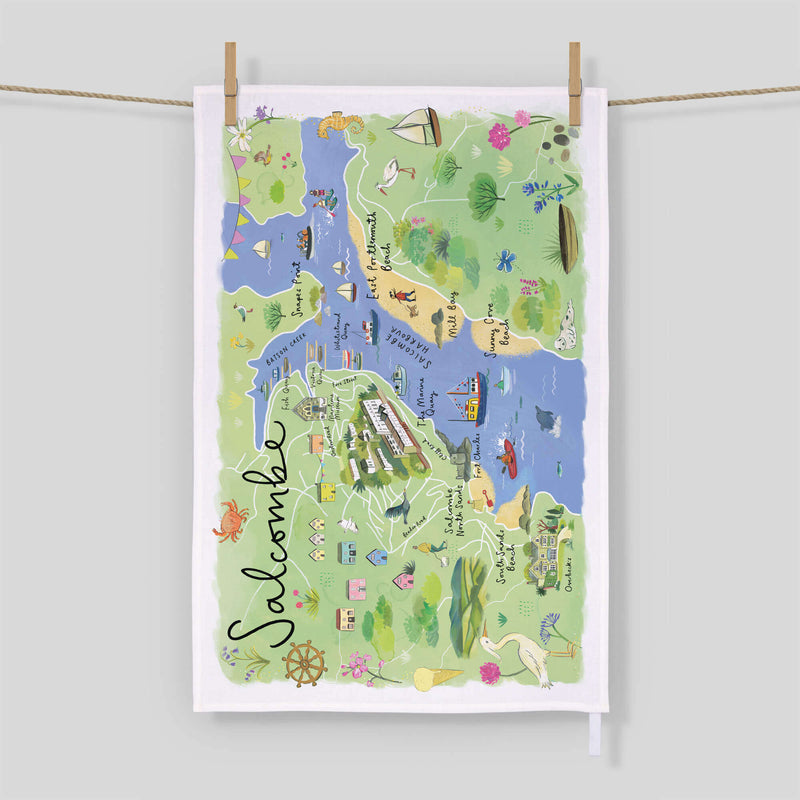 Tea Towel - CR21TT - Salcombe Map Tea Towel - Salcombe Map Tea Towel by Clair Rossiter - Whistlefish