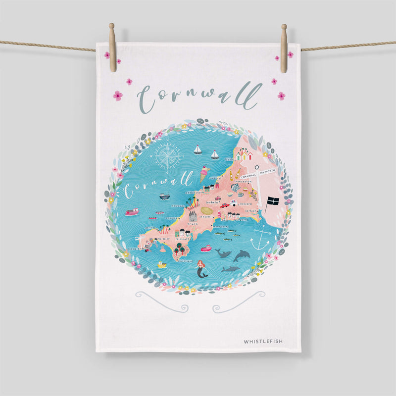 Tea Towel - WTT129 - Cornwall Map Tea Towel - Cornwall Map Tea Towel - Coast Inspired Gifts - Whistlefish