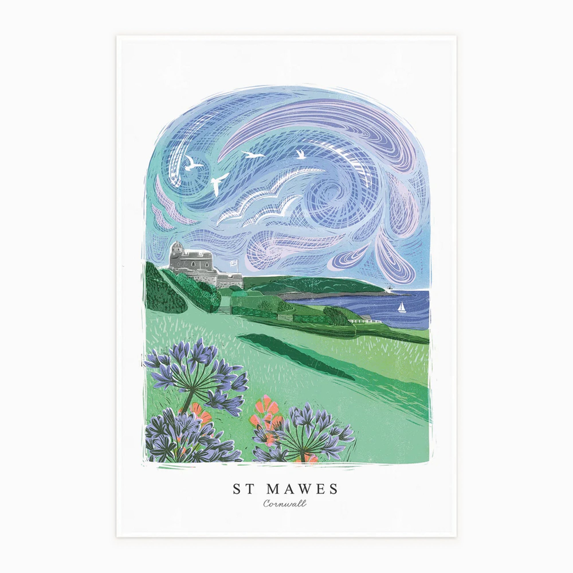 Tea Towel-WTT262 - St Mawes Arched Lino Tea Towel-Whistlefish