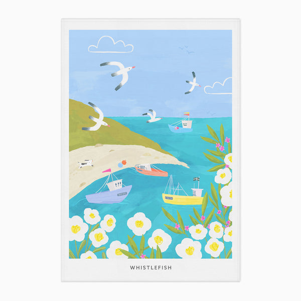 Tea Towel-WTT286 - Cornish Coastal Boats Tea Towel-Whistlefish