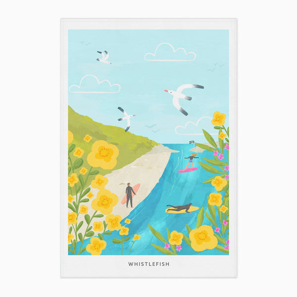 Tea Towel-WTT287 - Cornish Coastal Surfers Tea Towel-Whistlefish