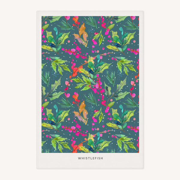 Tea Towel - XT24TT - Winterberry Teal Christmas Tea Towel - Winterberry Teal Christmas Tea Towel - Whistlefish