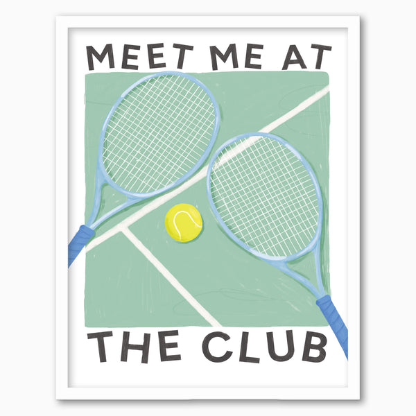 Meet Me At The Club blue framed print featuring two tennis rackets and a yellow ball on a green court illustration.