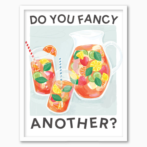 Summer Punch framed print featuring a jug and glasses of fruit punch with the text Do You Fancy Another? in a white frame.