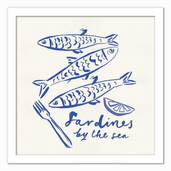 Sardines By The Sea framed print featuring blue ink illustrations of three sardines, a fork, and a lemon slice.