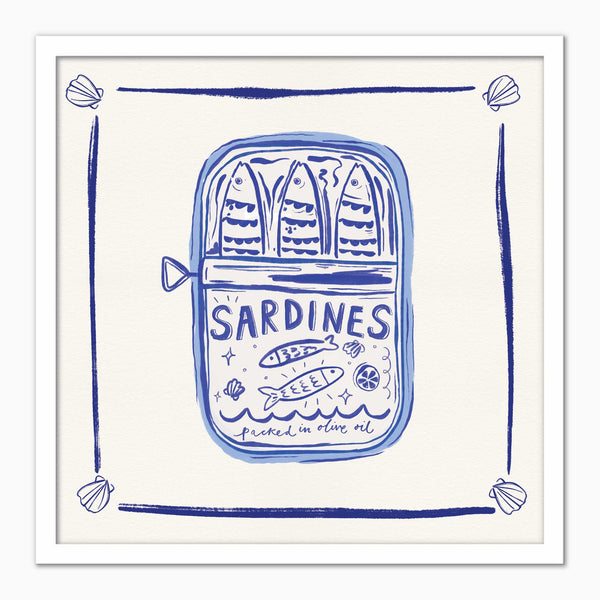 Sardines & Shells framed print featuring a blue ink illustration of a sardine tin on a cream background.