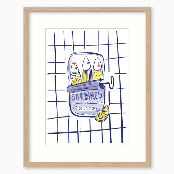 Sardines De La Mer framed print featuring a blue and yellow illustration of sardines in a tin on a blue grid background.