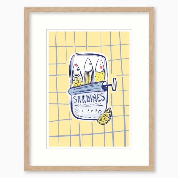 Sunshine Sardines framed print featuring a tin of three yellow fish on a yellow grid background with a lemon slice.