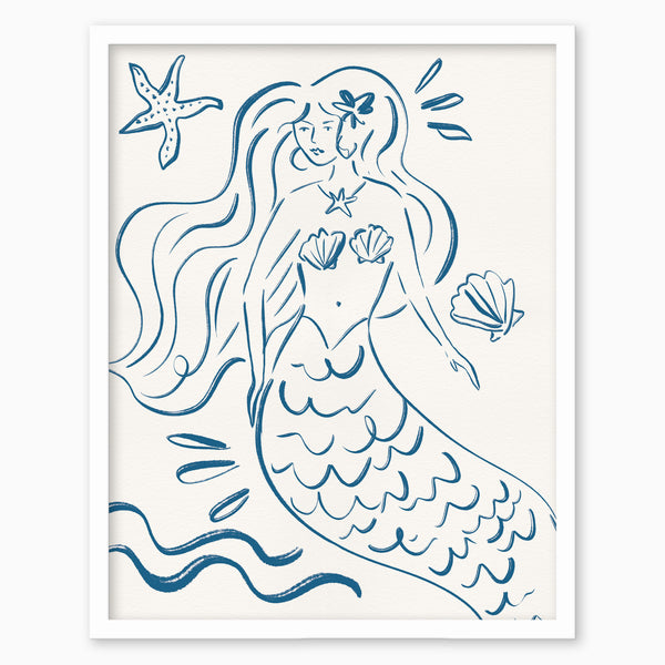 Coastal Siren framed print featuring a blue line-art illustration of a mermaid with a starfish and seashells on white.