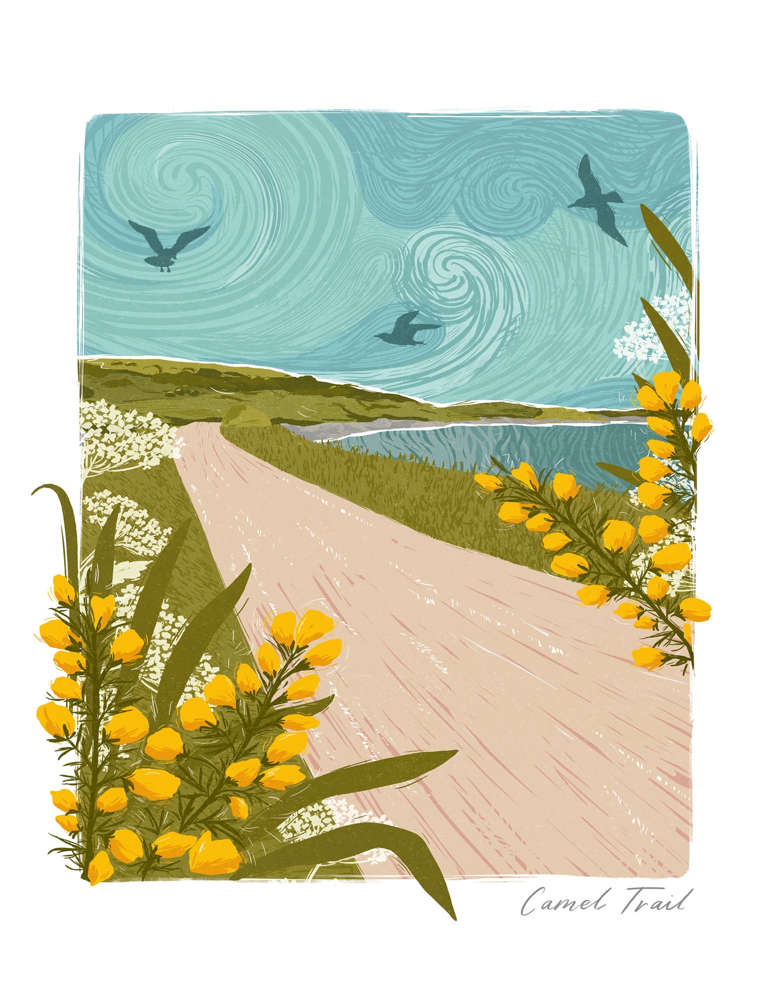 Camel Trail Lino framed print featuring a coastal path, swirling blue sky, birds, and bright yellow gorse flowers.