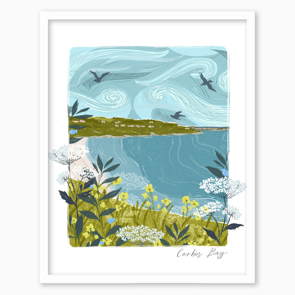 Carbis Bay Lino Framed Print featuring a coastal scene with blue swirling skies, yellow flowers, and white cow parsley.