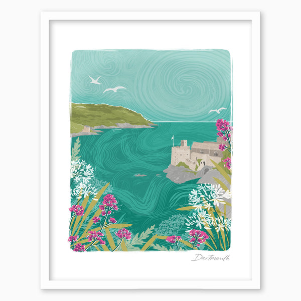 Dartmouth Lino framed print featuring a coastal scene with a castle, turquoise water, and vibrant pink and white flowers.