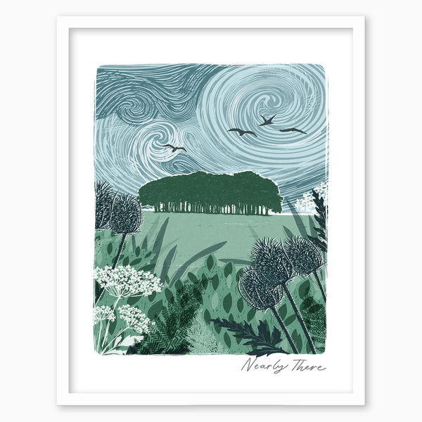 Nearly There lino print featuring a green landscape with thistles and swirling blue skies in a white frame.