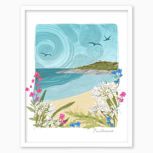 Porthmeor Lino framed print featuring a coastal beach scene with swirling blue skies, white flowers, and a white frame.